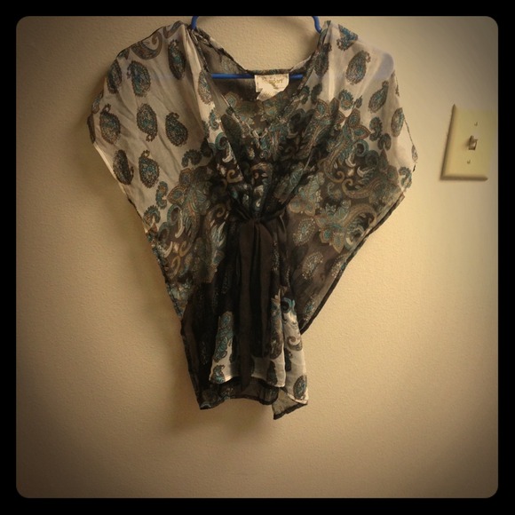 Brown, Turquoise & White Tie Blouse - Picture 1 of 2