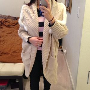 Cream Sweater with real Rabbit fur trim