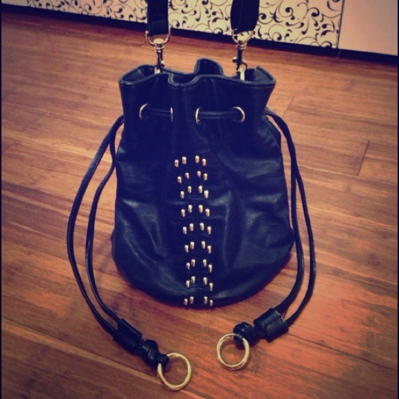 Black Faux Leather Bucket Crossbody w/ Gold Studs