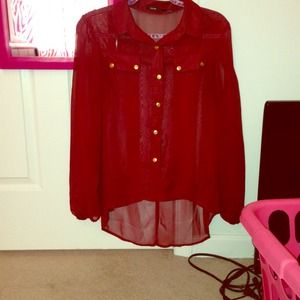 Burgundy large sheer top with gold buttons