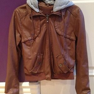 Brown leather jacket with grey hoodie