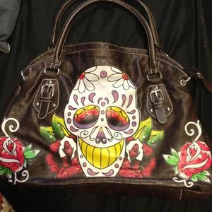 Skull and rose brown leather shoulder bag 💀🌹