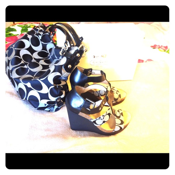 Coach Shoes - Signature fabric with black leather Coach wedges
