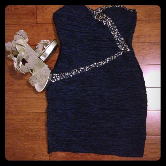 Strapless navy blue cocktail dress