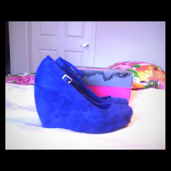 Shoes - Never worn blue wedges with ankle strap.