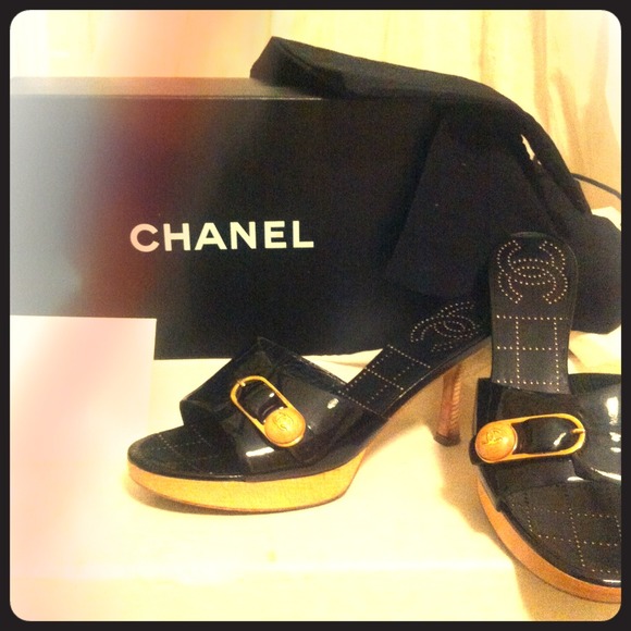 Chanel Black Patent Platform Mules