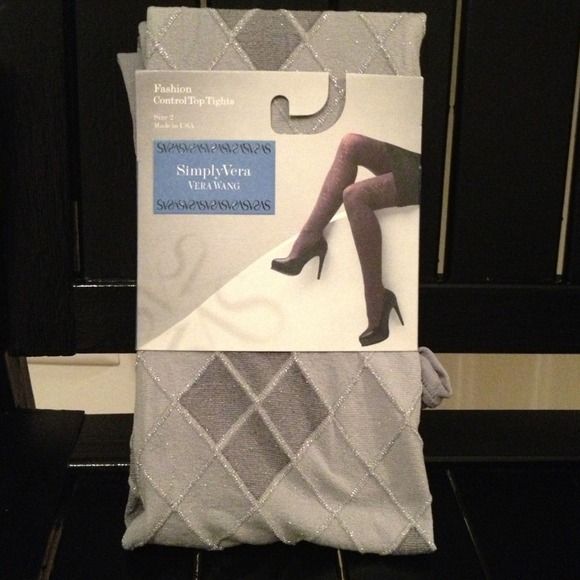 NWT LADIES SIMPLY VERA VERA WANG CONTROL TOP TIGHTS SIZE 2 BLACK ARGYLE GOLD