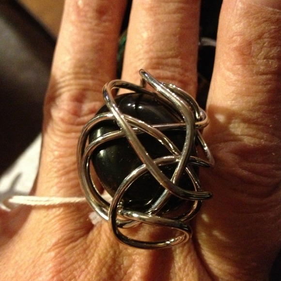 Black onyx wrapped in silver wire ring
