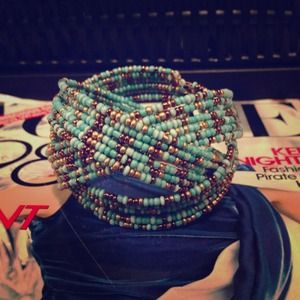 Teal blue and gold beaded bangle!