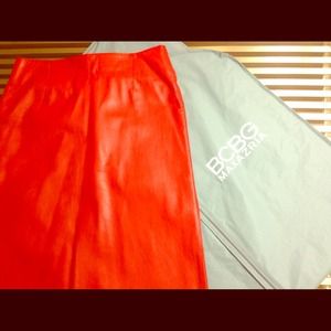 BCBG MAXAZRIA  Red Leather Knee Length Skirt