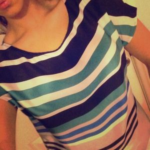 Striped silk blouse & yellow and grey sweater