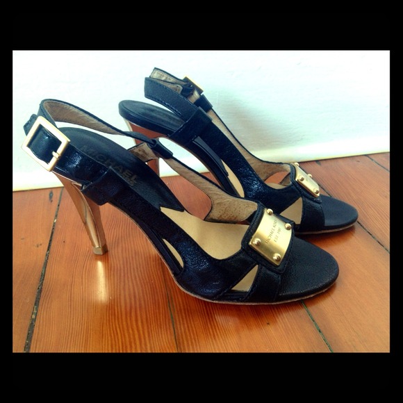 5.5 Michael Kors Black Leather Gold Heels Sandals