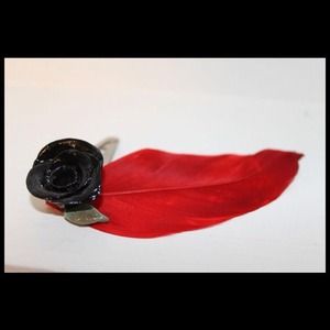 Red and Black Rose and Feather Hair Clip