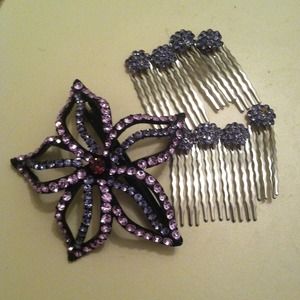 Purple rhinestone hair clip w 8 bobbies