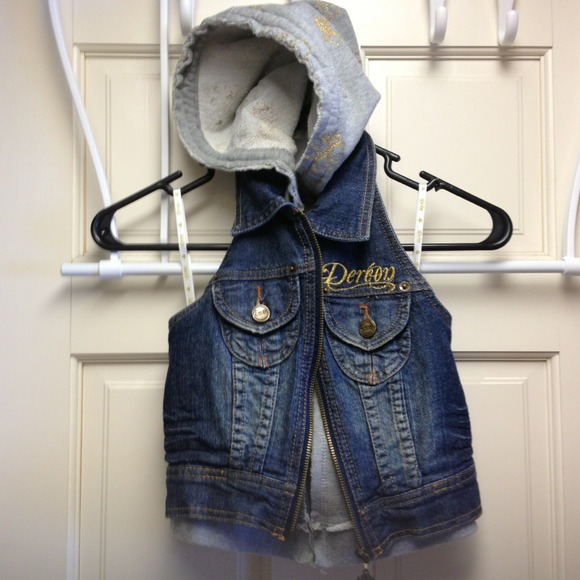 Dereon hooded jean vest and ed hardy shirt