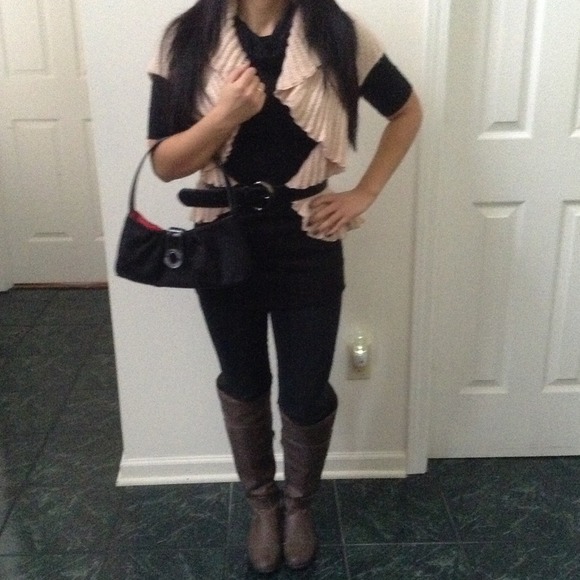 Black Sweater Top, Pink Cardigan, Belt & Purse Set