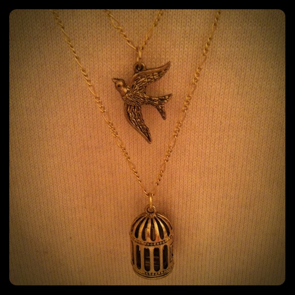 Bird & cage brushed gold double necklace
