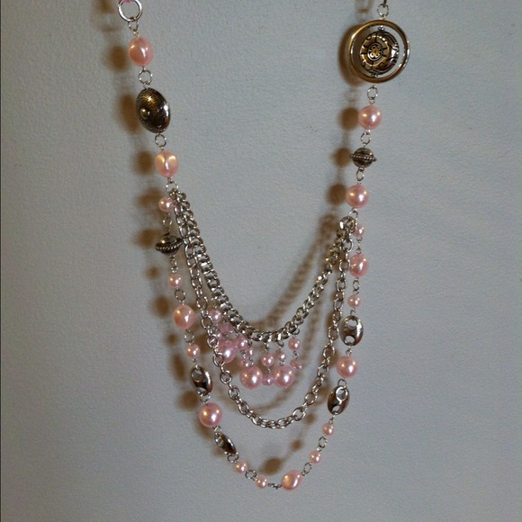 Pink pearl ribbon necklace and earring set - Picture 1 of 1