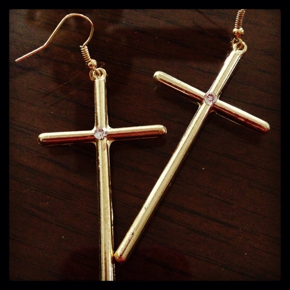 Gold cross earrings with crystal in the center