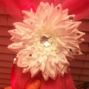 White flower with gems. Pin and clip on back