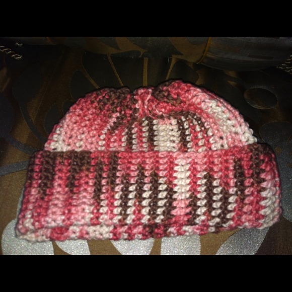 Pink brown and white beanie