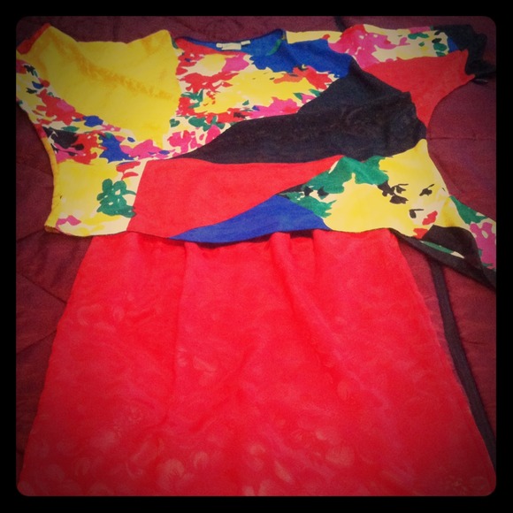 Floral vintage silk top with red silk skirt