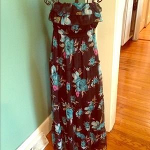 Black and teal flowered to the floor maxi