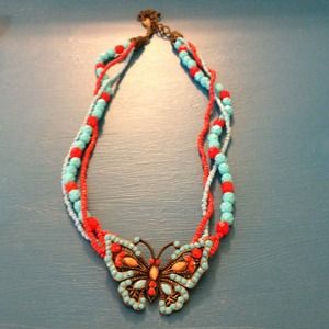 RESERVED Red and turquoise butterfly necklace