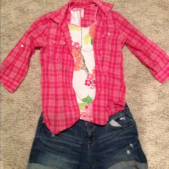Hot pink plaid button down shirt