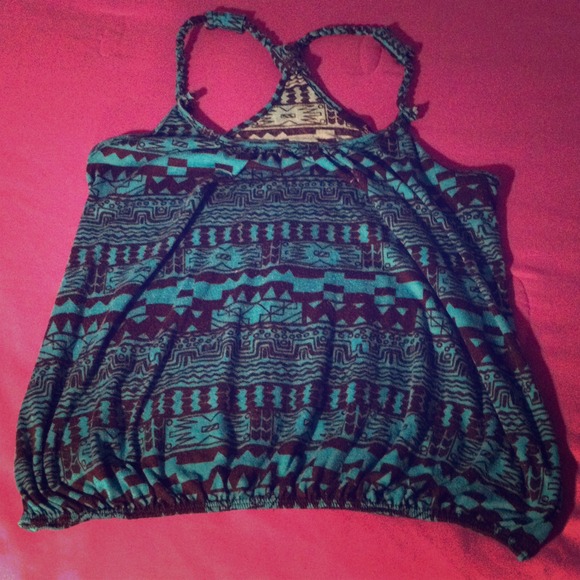 Teal & black aztec print top. Size L