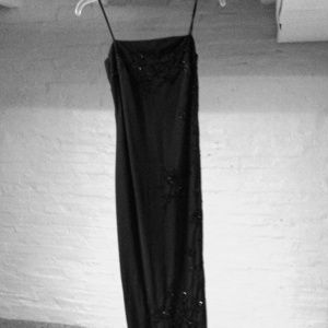 Long black beaded dress!  Very elegant!