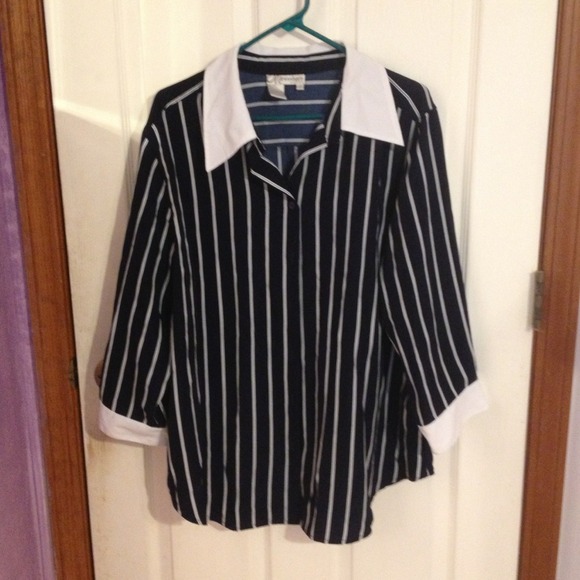 Navy blue and white stripe shirt.