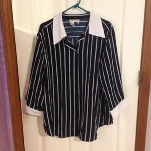 Navy blue and white stripe shirt.