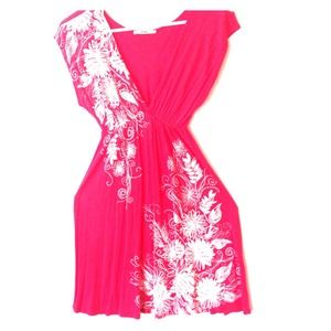 Coral colored v neck cotton empire waist dress