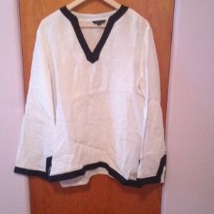 Land's End White Linen Tunic w/Navy Trim 14/16Plus
