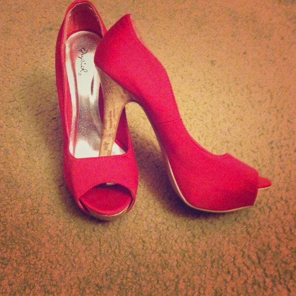 Red peep toe pumps