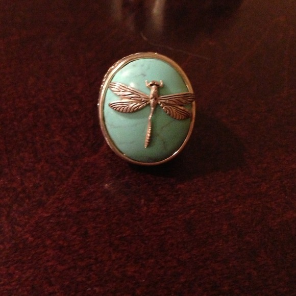 🌟SOLD🌟Fossil turquoise and gold dragon fly ring