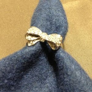 White Gold Tone Bow Ring with Crystals