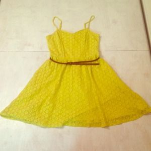 Yellow sundress with brown belt and pockets