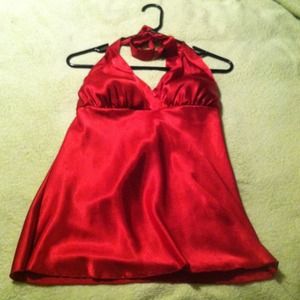 Red dressy tie behind the neck shirt