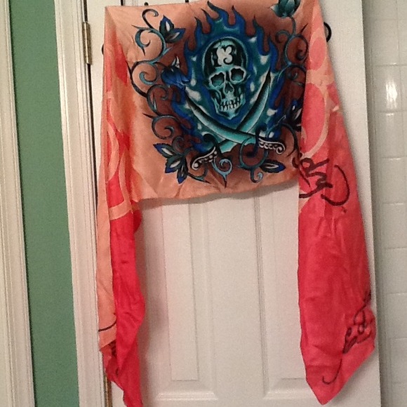 Ed Hardy silk scarf pink with skull vibrant blue
