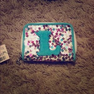 JUSTICE "L" sequin & monogrammed plush wallet