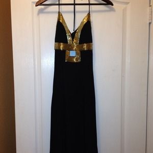 Long jovani evening dress with gold beads
