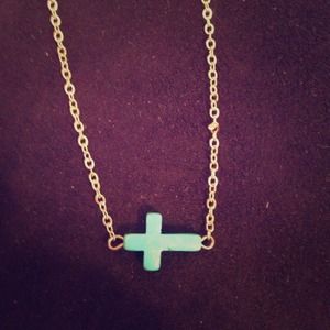 Sideway turquoise cross necklace with gold chain