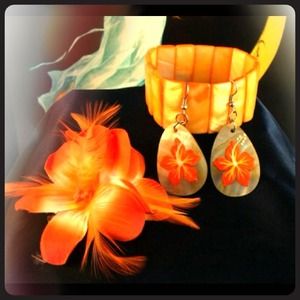 Orange bracelet, earrings & flower hair accessory