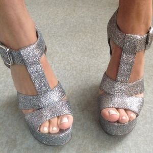 Topshop Metallic Glittered Strappy Wedge Heels