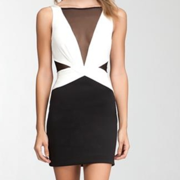 Bebe draped jersey v neck dress black white sheer
