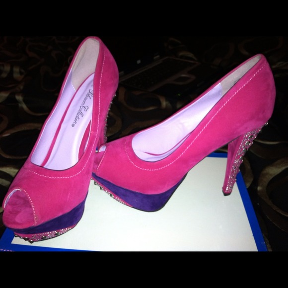 SOLD Pink and Purple Studded heel peep toe pumps. - Picture 2 of 2