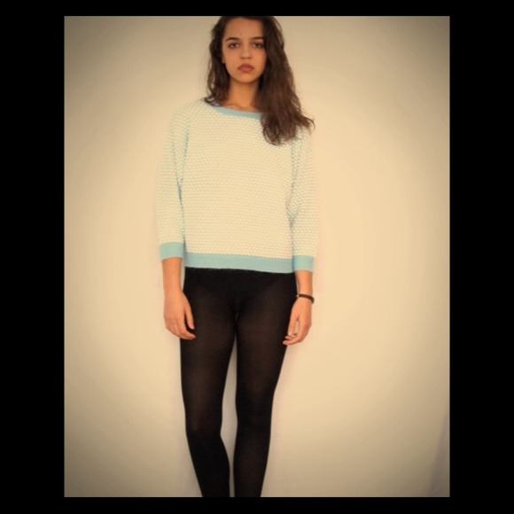 Vintage Mod Baby Blue and Creme Polka Dot Sweater