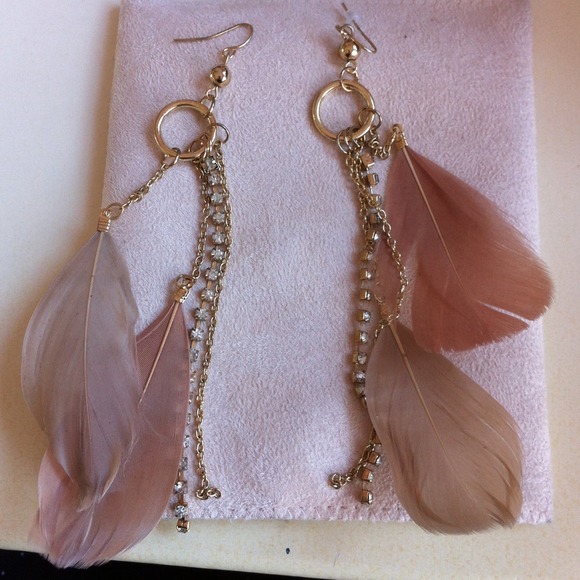 Pink feather earrings with rhinestones